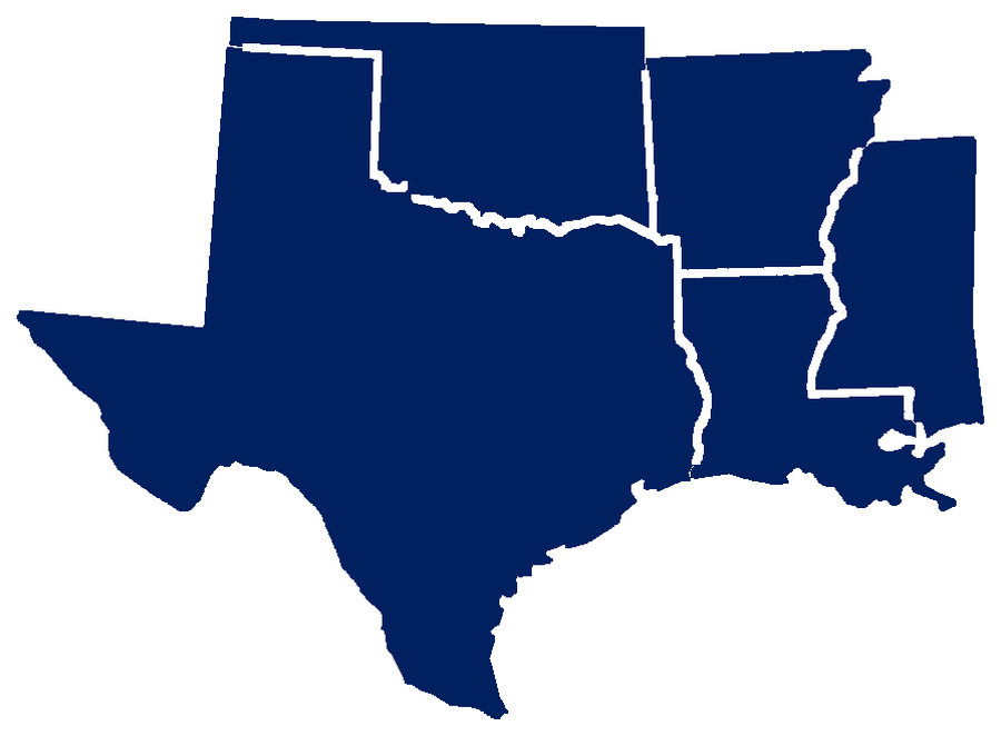 Map of Arkansas, Louisiana, Mississippi, Oklahoma, and Texas
